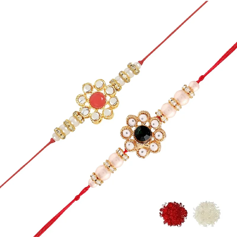 Personalized Engraved Jewelry For Meaningful Gifts Etnico I Jewels Designer Kundan Pearl Combo Rakhi & Roli Chawal For Brother/Bhai/Bro/Men With Rakshabadhan Card (R014R-G) (Set of 2)