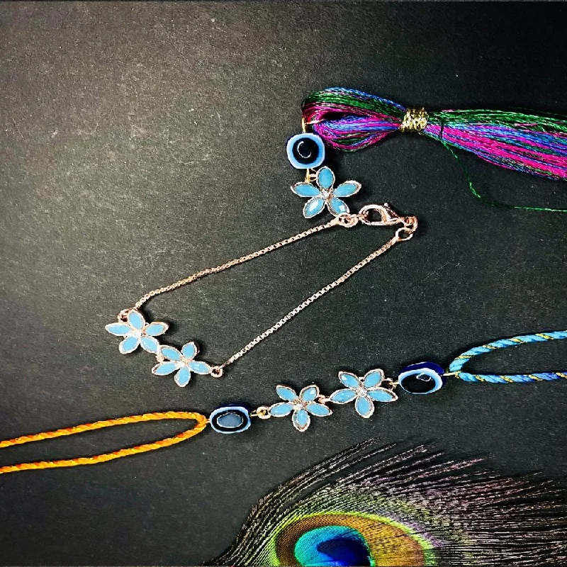 Buy More, Save More On Stunning Jewelry Designs Mahi Blue Crystals Floral with Evil Eye Lumba and Brother Rakhi Set for Bhaiya and Bhabhi (RCOL1105682ZBlu)