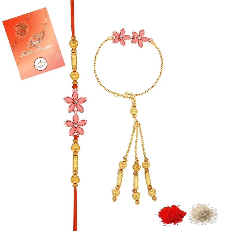 Trending Jewelry Now Available At Exclusive Prices Mahi Carrot Pink Crystals Floral Lumba and Brother Rakhi Set for Bhaiya and Bhabhi (RCOL1105675G)