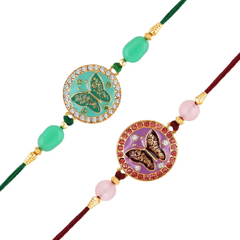 Premium Jewelry Now Available At Special Discounts Mahi Combo of 2 Round and Butterfly-Shaped Rakhi's with Meenakari Work and Shiny Crystals for Bhaiya, Brother, Bhai, Bro (RCO1105690G)