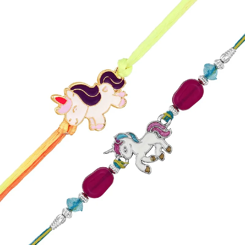 Seasonal Jewelry Deals – Elevate Your Style Mahi Combo of 2 Unicorn-Shaped Rakhis with Meena Work Enamel for Chota Bhai, Kids, Brother (RCO1105689M)