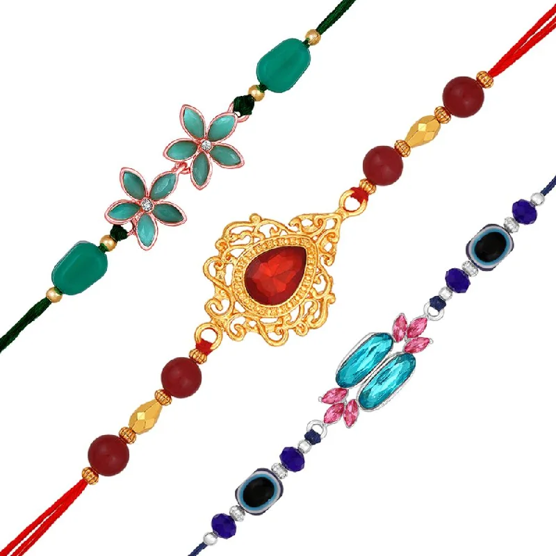 Breathtaking Jewelry, Breathtaking Prices Mahi Combo of 3 Fancy Rakhis with Multicolor Crystals for Brother, Bhai, Bro (RCO1105722M)