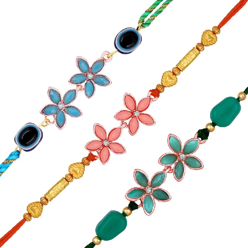 Elegant Jewelry Pieces At Unbelievable Prices Mahi Combo of 3 Floral and Evil Eye Rakhi with Crystals for Brother, Bhai, Bro (RCO1105705M)