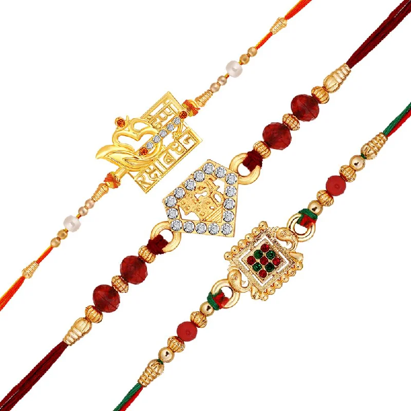 The Biggest Jewelry Sale Of The Year Is Here Mahi Combo of 3 Gold Plated Multicolor Crystals Studded Rakhi for Brother, Bhai, Bro (RCO1105739G)