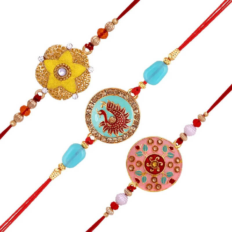 Fashion-Forward Jewelry At Incredible Prices Mahi Combo of 3 Meenakari Work Enamel Fancy Rakhi's with Studded Crystals for Bhaiya, Brother, Bhai, Bro (RCO1105701G)