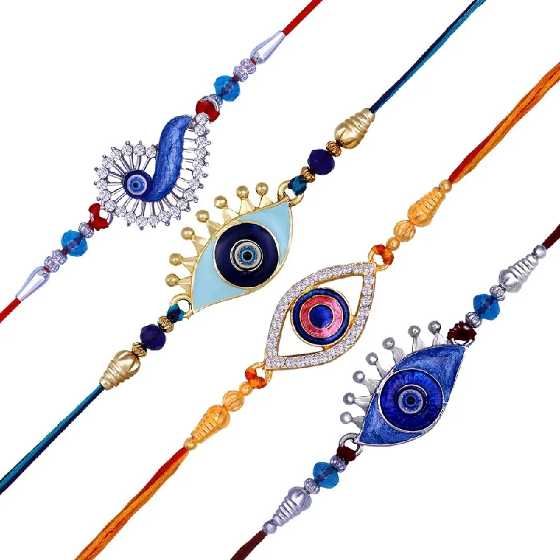 Shop Dazzling Jewelry At The Best Prices Mahi Combo of 4 Evil Eye Rakhi's with Meenakari Work and Shiny Crystals for Bhaiya, Brother, Bhai, Bro (RCO1105687M)