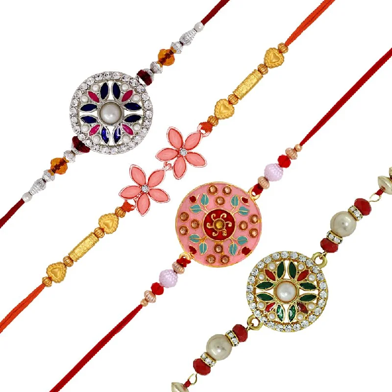 Jewelry Sale Alert – Shop Timeless Elegance Today Mahi Combo of 4 Meenaakari Work Floral Rakhis with Multicolor Crystals for Brother, Bhai, Bro (RCO1105727M)