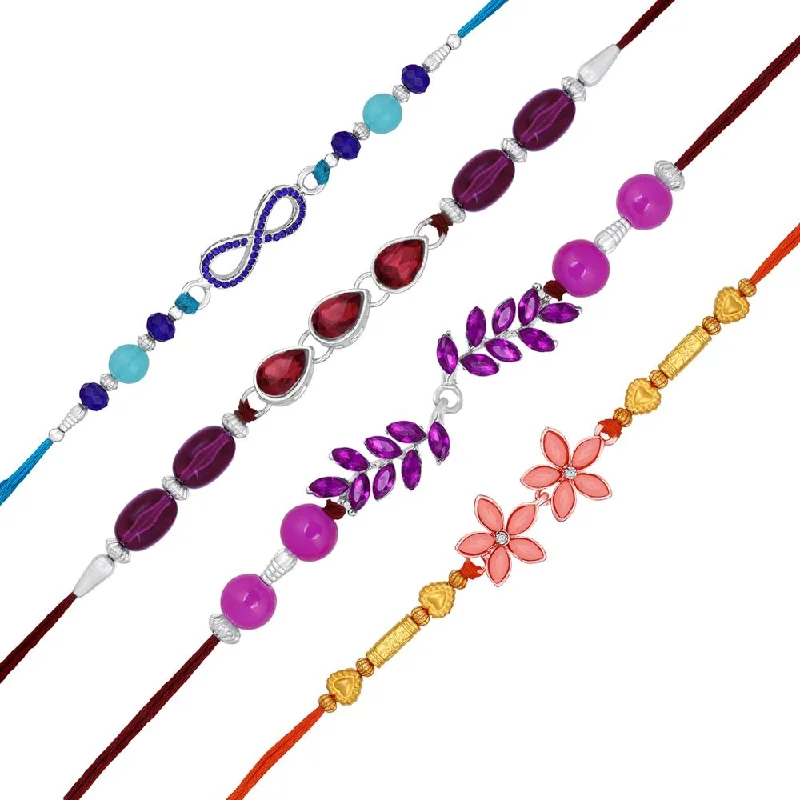 Dazzle With Discounts – Shop Jewelry On Sale Mahi Combo of 4 Multicolor Crystals Rakhis with Floral, Leaf, Drop and Infinite Design for Brother, Bhai, Bro (RCO1105711M)