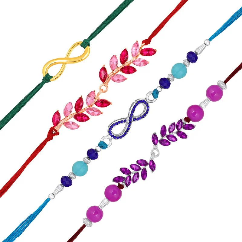 Exclusive Gemstone Jewelry At Special Prices Mahi Combo of 4 Multicolor Crystals Rakhis with Leaf and Infinite Design for Brother, Bhai, Bro (RCO1105709M)