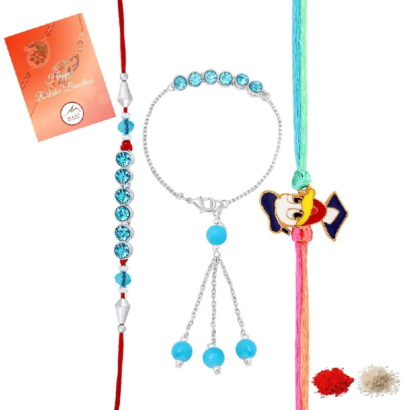 Shop Stylish Jewelry Now And Save Big Mahi Combo of Blue Crystal Studded Couple Rakhi and Meenakari Cartoon Rakhi for Bhaiya Bhabhi and Bhatija (RCOLB1105733R)