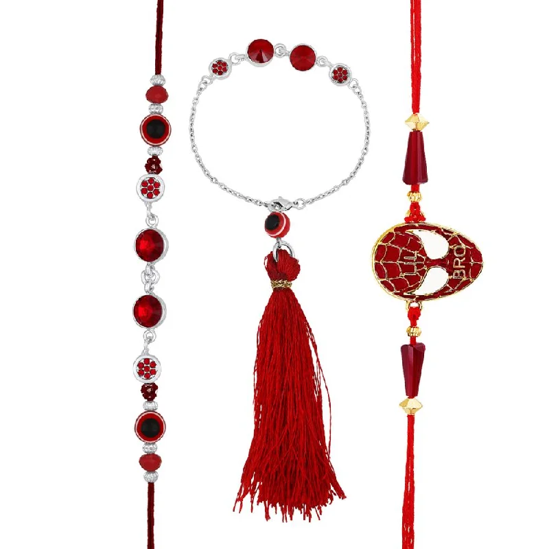 Stunning Jewelry At A Fraction Of The Price Mahi Combo of Couple Rakhi and Meena Enamel Super Hero Kids Rakhi for Bhaiya Bhabhi and Bhatija with Evil Eye (RCOLB1105703M)