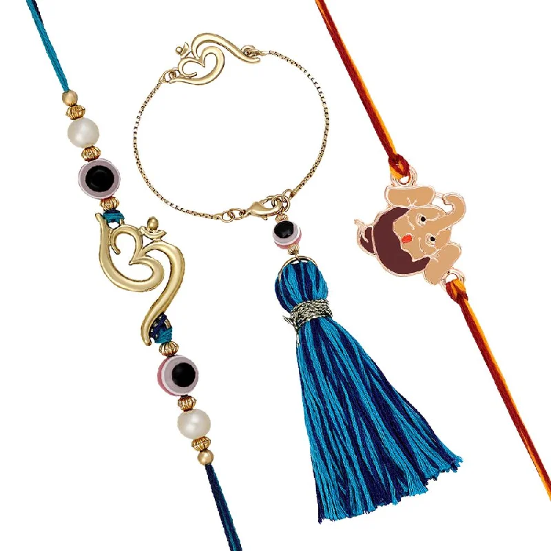 Fashion-Forward Jewelry At Incredible Prices Mahi Combo of OM, Ganesha and Evil Eye Bhaiya Bhabhi Rakhi with Tassel (RCOLB1105732M)