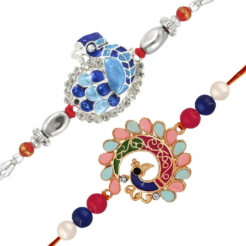 Stunning Jewelry At Even More Stunning Prices Mahi Combo of Two Charming Multicolor Crystals Peacock Shaped Rakhis for Bhaiya (RCO1105238M)