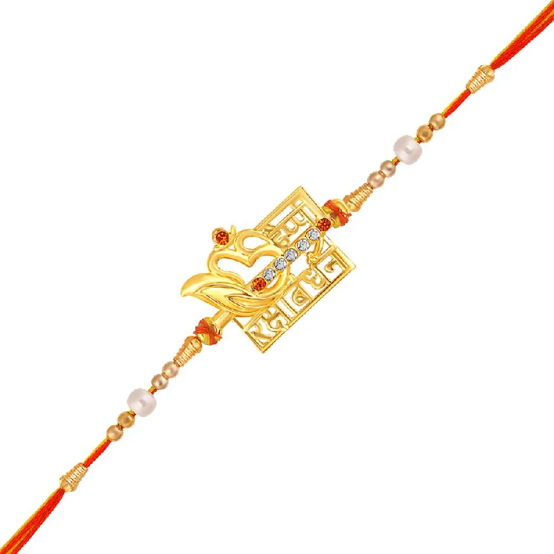 Delicate Crystal Jewelry For Sophisticated Charm Mahi Gold Plated "Happy Rakshabandhan" Engraved Crystals Studded Rakhi for Brother, Bhai, Bro (RA1100818G)