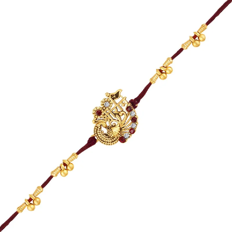 Modern Statement Jewelry For Bold Styling Mahi Gold Plated Peacock-Shaped and Jay Shree Ram Engraved Crystals Studded Rakhi for Brother, Bhai, Bro (RA1100819GRed)