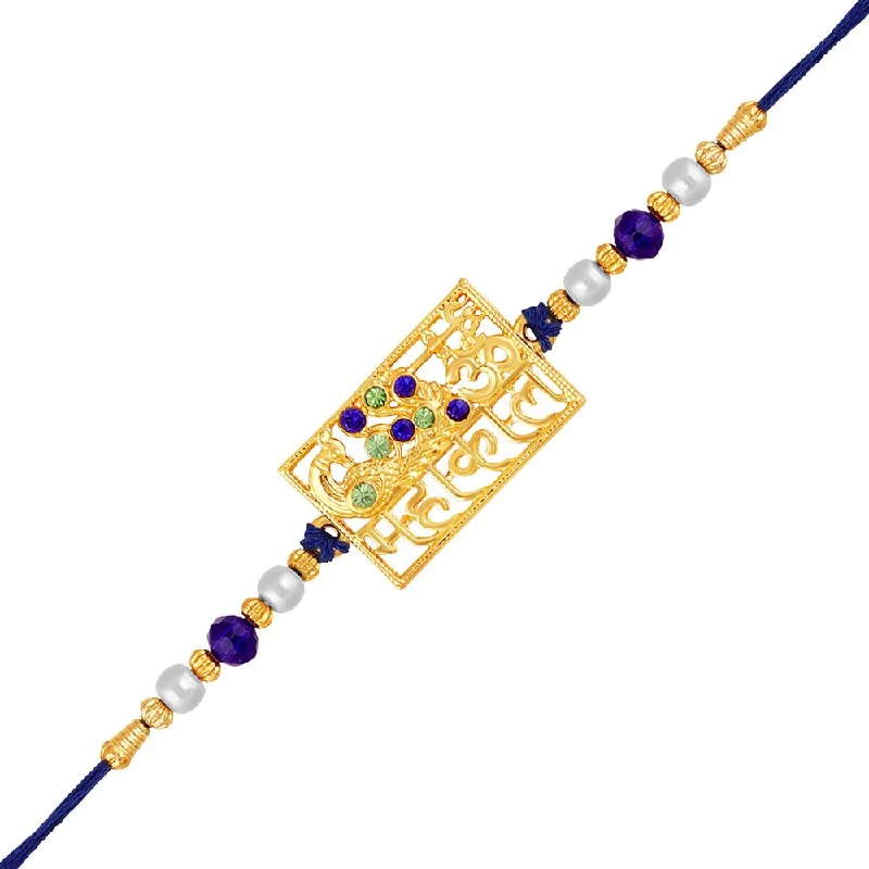 Versatile Layering Jewelry For Effortless Chic Mahi Gold Plated Peacock-Shaped OM and Mahakal Engraved Crystals Studded Rakhi for Brother, Bhai, Bro (RA1100820GMul)