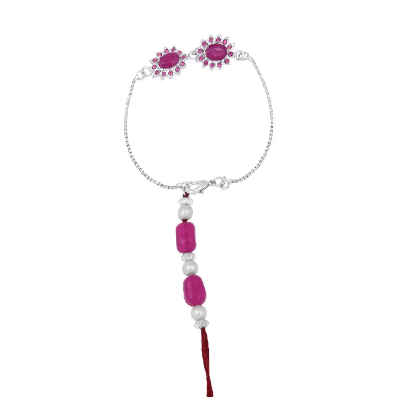 Special Offers On Handcrafted And Designer Jewelry Mahi Gold Plated Pink Crystals Floral Lumba Rakhi for Bhabhi (RAL1100789RPin)