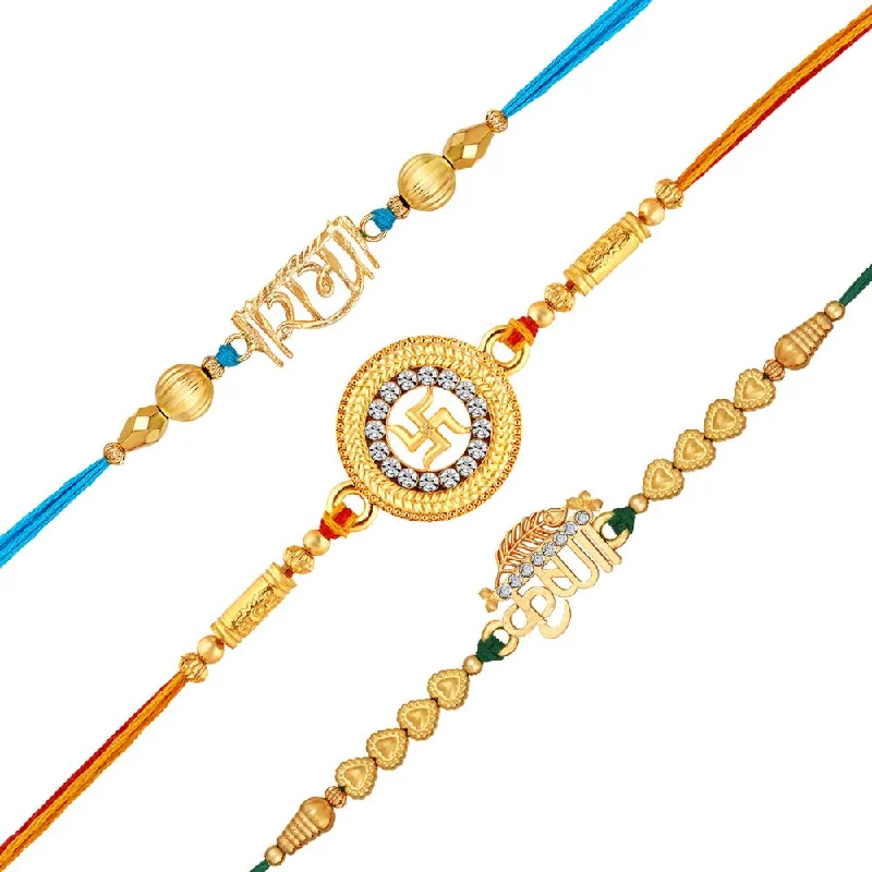 The Perfect Jewelry Piece At The Perfect Price Mahi Gold Plated Religious Combo of Swastik, Rama and Krushana Rakhi for Brother, Bhai, Bro (RCO1105713G)