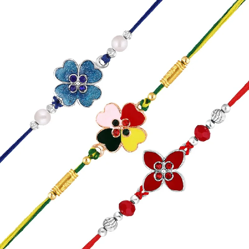 Personalized Jewelry Sale – Meaningful Gifts At Great Prices Mahi Meenakari Work Enamel Combo of 3 Floral Rakhis with Crystals for Bhaiya, Brother, Bhai, Bro (RCO1105699M)