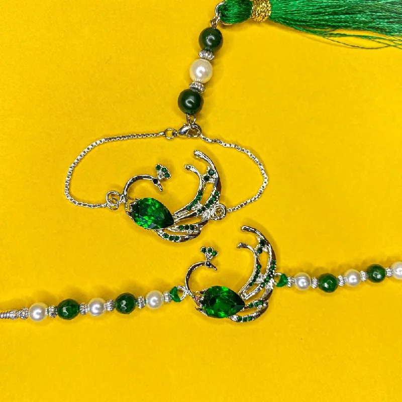 Seasonal Jewelry Deals – Elevate Your Style Mahi Peacock-Shaped Green Crystals Lumba with Tassel and Brother Rakhi Set for Bhaiya and Bhabhi (RCOL1105683RGre)