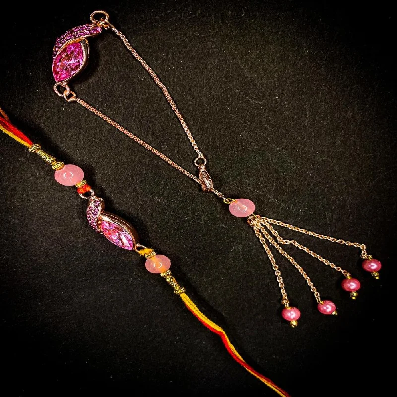 Exclusive Jewelry Offers – Shine For Less Mahi Pink Crystals Studded Simple and Classic Lumba with and Brother Rakhi Set for Bhaiya and Bhabhi (RCOL1105685ZPin)