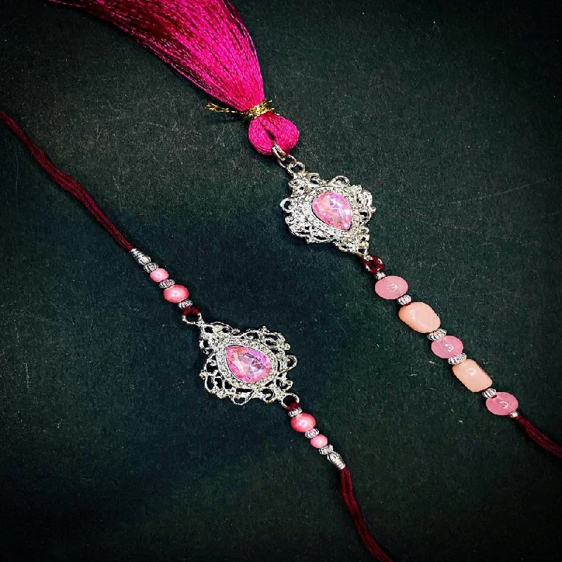 Limited-Stock Jewelry Clearance – Grab Your Favorites Now Mahi Pink Crystals Studded Simple and Classic Lumba with Tassel and Brother Rakhi Set for Bhaiya and Bhabhi (RCOL1105677RPin)