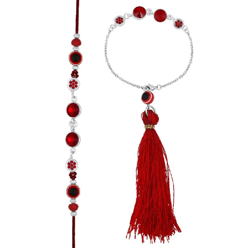 Luxury Jewelry At Unbeatable Discounts Mahi Red Crystals Studded Evil Eye Lumba with Tassel and Brother Rakhi Set for Bhaiya and Bhabhi (RCOL1105678RRed)