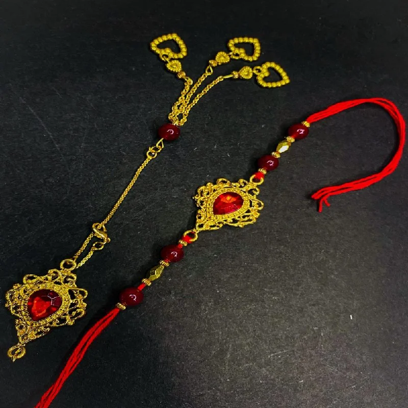 Premium Jewelry At Special Low Prices For A Limited Time Mahi Red Crystals Studded Simple and Classic Lumba with and Brother Rakhi Set for Bhaiya and Bhabhi (RCOL1105684G)