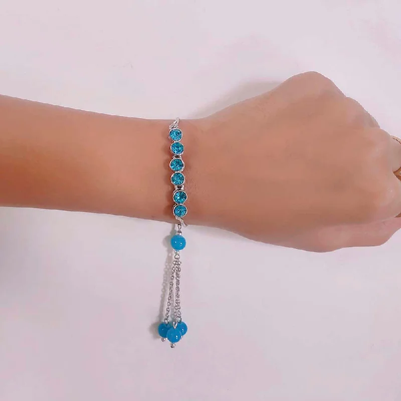 Big Discounts On Elegant Jewelry Collections Mahi Rhodium Plated Blue Crystals Lumba Rakhi for Bhabhi (RAL1100675R)