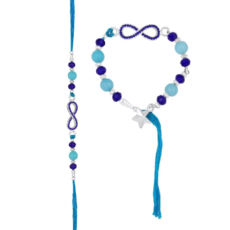 Trending Jewelry Styles Now At Limited-Time Discounts Mahi Rhodium Plated Infinity Shape Blue Crystals Lumba and Brother Rakhi Set for Bhaiya and Bhabhi (RCOL1105686RBlu)