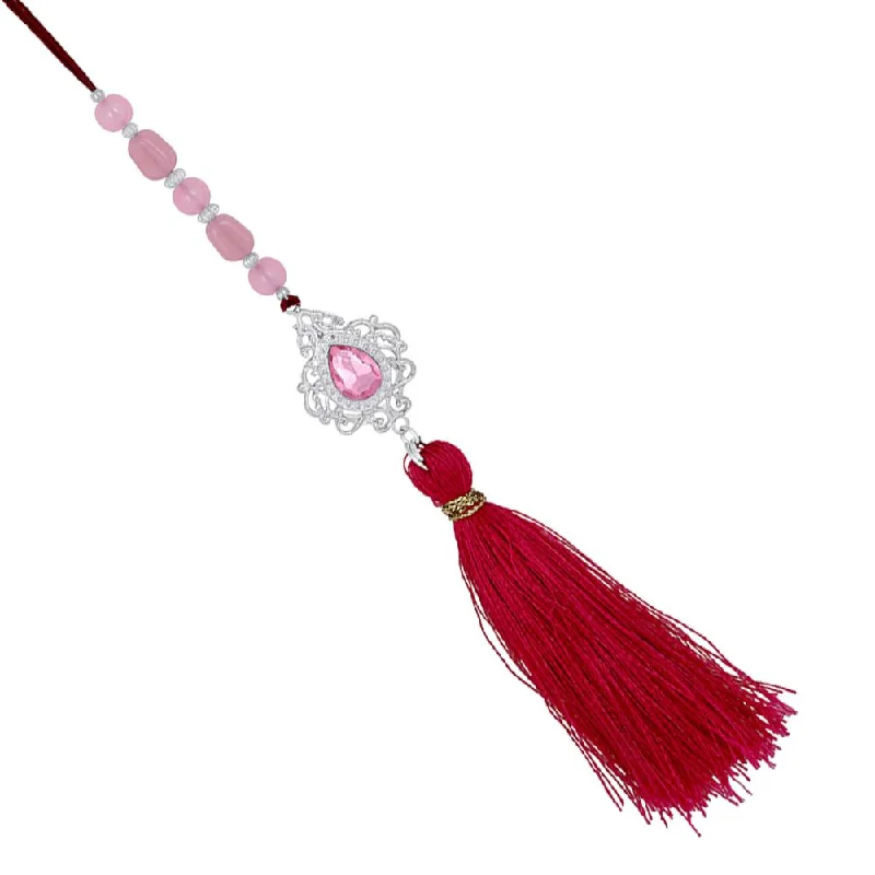 Unique Jewelry Designs Now At Discounted Rates Mahi Rhodium Plated Pink Crystals Studded Simple and Classic Lumba Tassel Rakhi for Bhabhi (RAL1100799RPin)