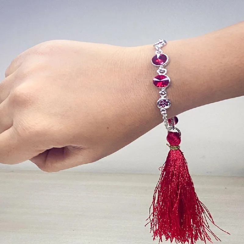 Seasonal Jewelry Sale – Upgrade Your Collection Mahi Rhodium Plated Red Crystals Studded Evil Eye Lumba Rakhi with Tassel for Bhabhi (RAL1100787RRed)