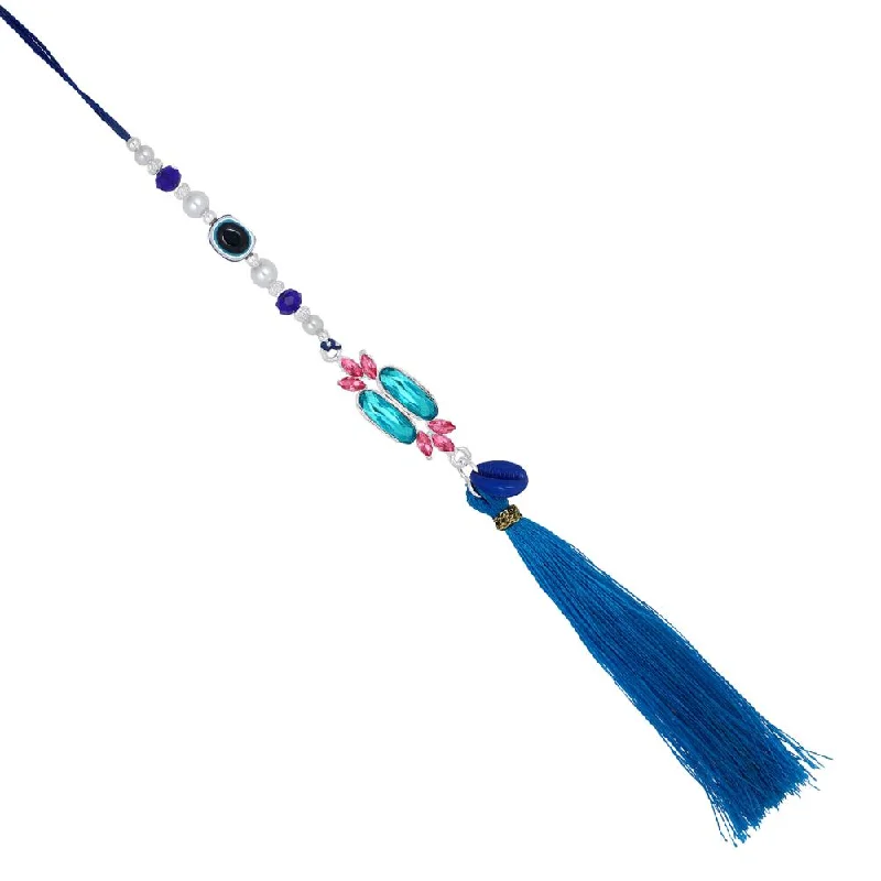 Luxury Jewelry Sale – Sparkle For Less Mahi Rhodium Plated Simple and Classic Blue Crystals and Evil Eye Lumba Tassel Rakhi for Bhabhi (RAL1100801R)