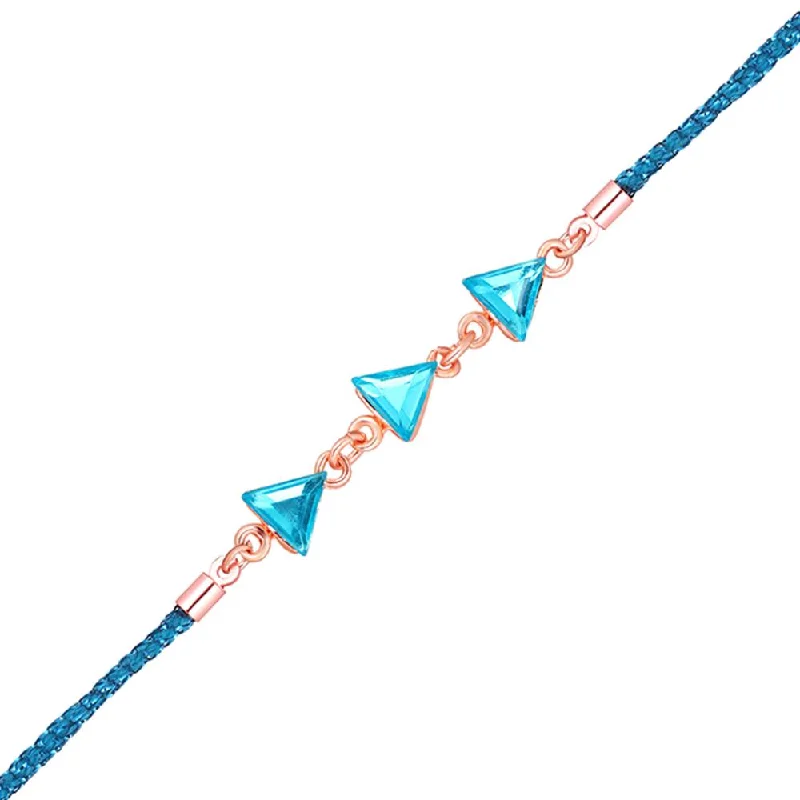 Trendy Minimalist Jewelry For Everyday Wear Mahi Rose Gold Plated Aqua Blue Triangle Shape Crystal Bracelet Rakhi for Bhaiya, Brother, Bhai, Bro (RA1100809ZABlu)