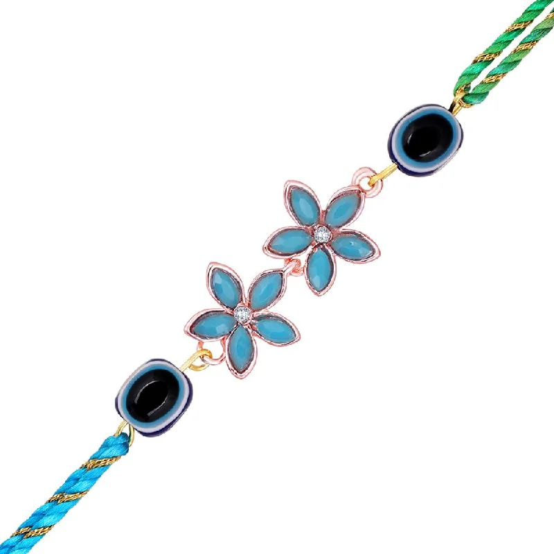 Sparkle In Style With Our Best Jewelry Deals Mahi Rose Gold Plated Blue Crystals Floral with Evil Eye Lumba Rakhi for Bhaiya, Brother, Bhai, Bro (RA1100806ZBlu)