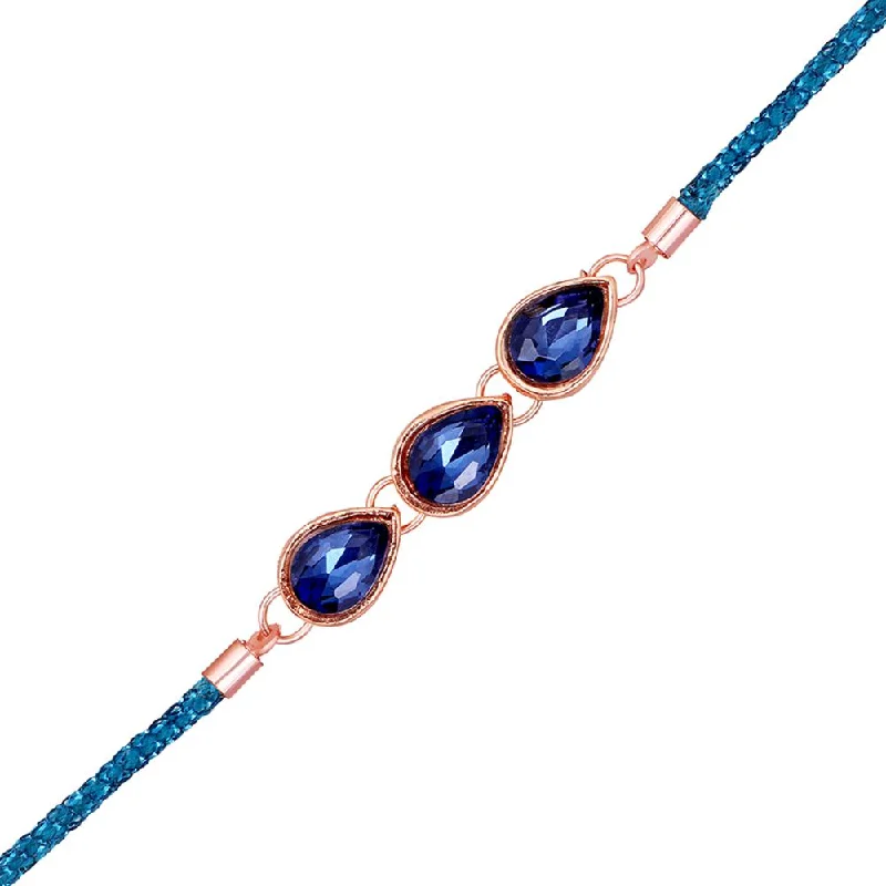 Luxury Handcrafted Jewelry For Elegant Looks Mahi Rose Gold Plated Sapphire Blue Water Drop Shape Crystal Bracelet Rakhi for Bhaiya, Brother, Bhai, Bro (RA1100808ZBlu)