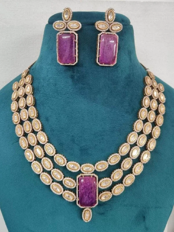 Trending Jewelry Styles Now At Limited-Time Discounts Purple Triple Line Kundan Necklace Set