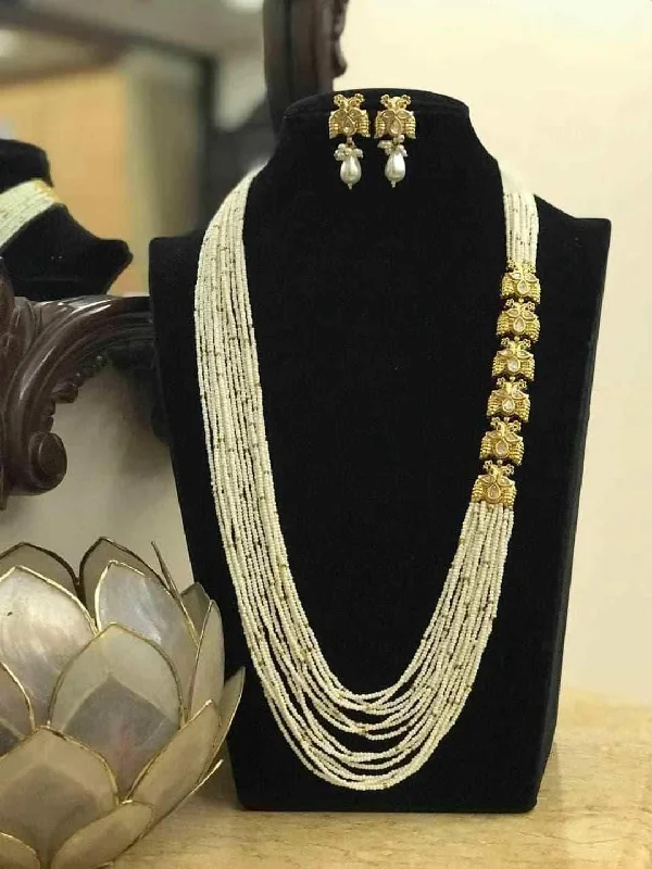 Affordable Luxury Jewelry For Every Occasion White Moti Kundan Beaded Long Necklace Set